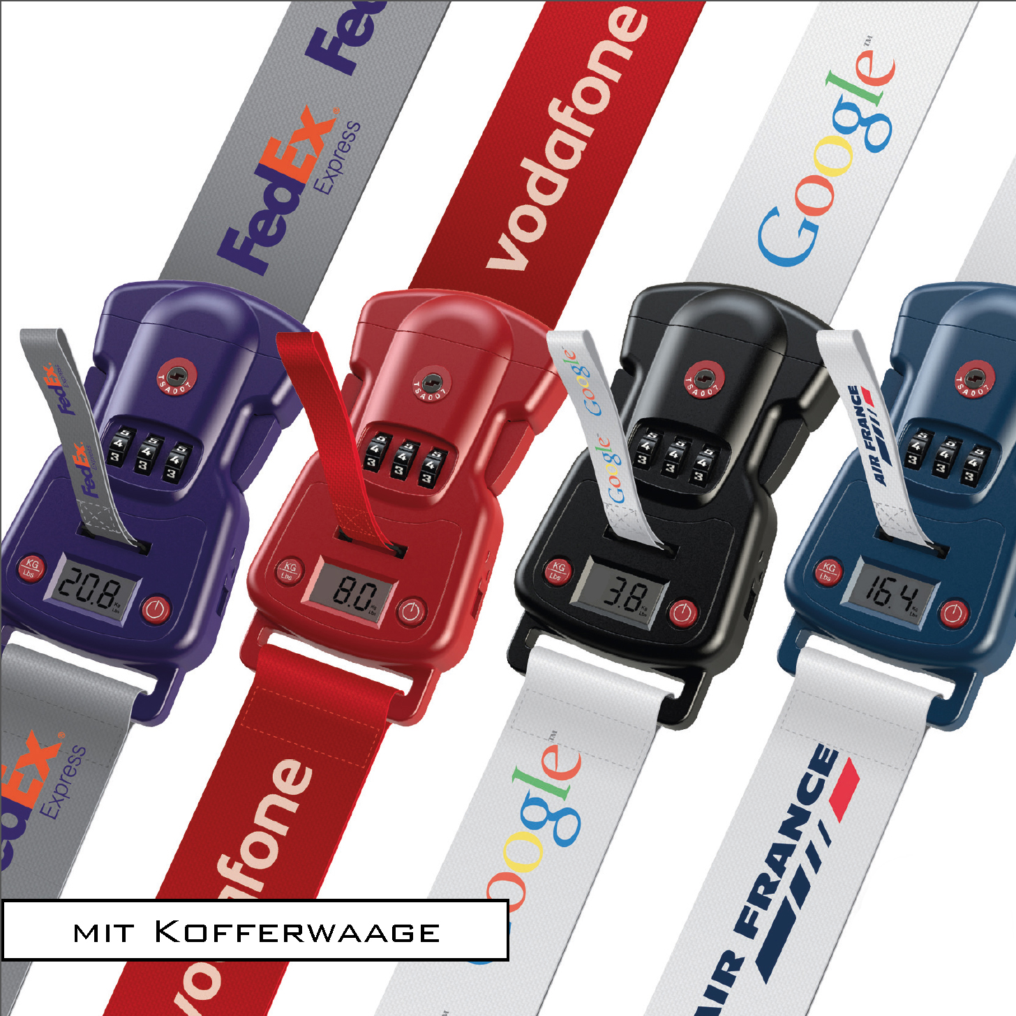Hochwertiger Koffergurt mit digitaler Waage und Zahlenschloss, der mit Ihrem Markennamen gebrandet werden kann.